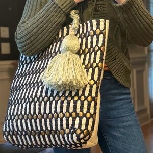 Ruggine Boho Chic Artisanal Black Handwoven Gold Bead bag w/Leather Straps (GUC)